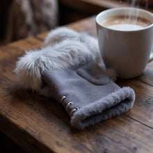 Load image into Gallery viewer, Two Toned Real Fur Trim Fingerless Gloves