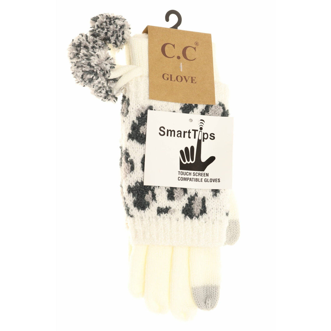 Leopard Print Cuffed CC Gloves with Pom