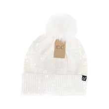 Load image into Gallery viewer, Allover Clear Sequin Faux Fur Pom C.C Beanie
