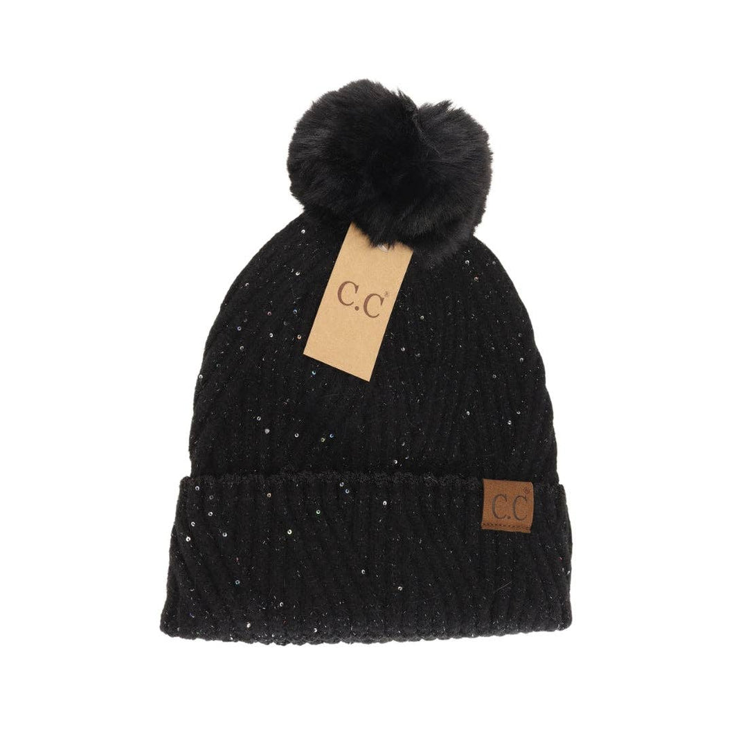 Sequin Faux Fur Pom C.C Beanie