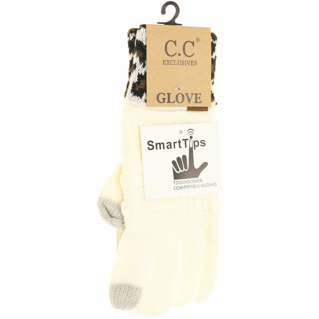 Solid Cable Knit Leopard Cuff CC Gloves