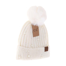 Load image into Gallery viewer, Pearl Embellished Faux Fur Pom C.C Beanie

