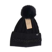 Load image into Gallery viewer, Pearl Embellished Cuff Faux Fur Pom C.C Beanie
