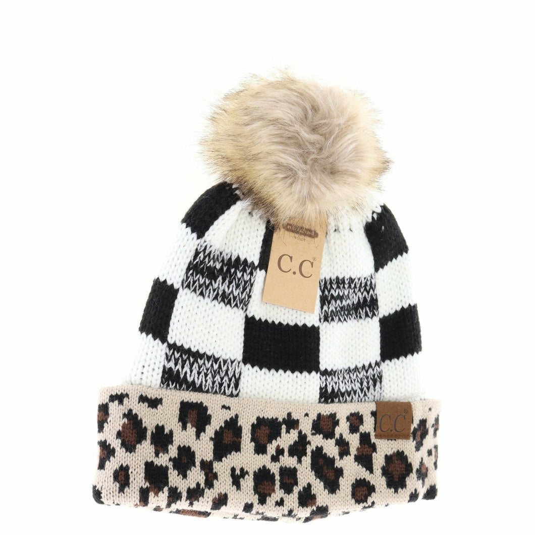 Leopard/Buffalo Mixed Print Fur Pom C.C Beanie