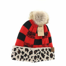 Load image into Gallery viewer, Leopard/Buffalo Mixed Print Fur Pom C.C Beanie
