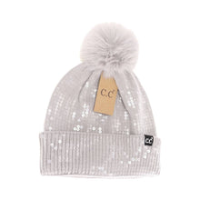 Load image into Gallery viewer, Allover Clear Sequin Faux Fur Pom C.C Beanie
