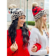 Load image into Gallery viewer, Leopard/Buffalo Mixed Print Fur Pom C.C Beanie
