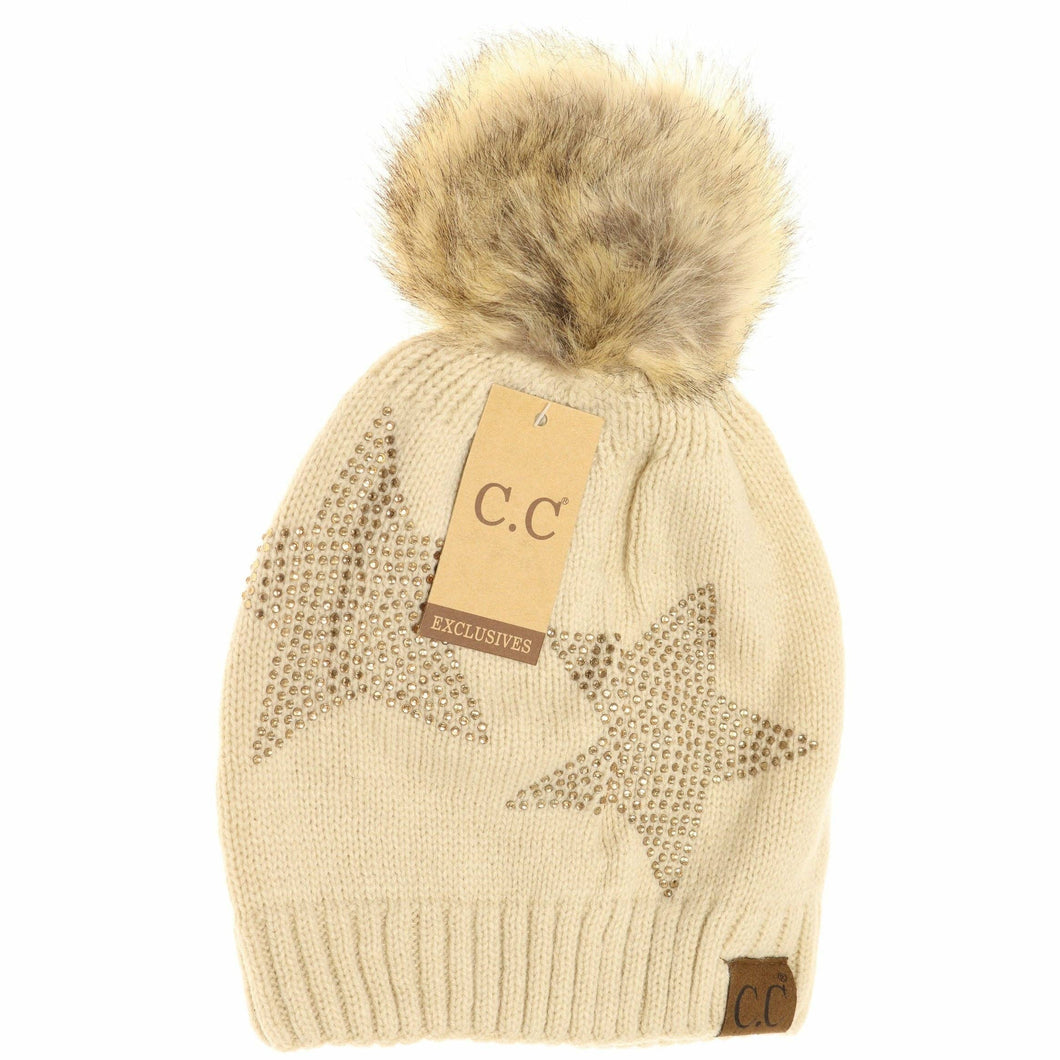 Rhinestone Star Fur Pom CC Beanie