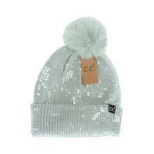 Load image into Gallery viewer, Allover Clear Sequin Faux Fur Pom C.C Beanie
