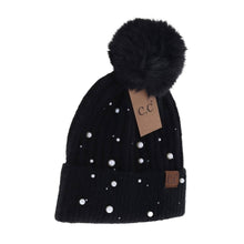 Load image into Gallery viewer, Pearl Embellished Faux Fur Pom C.C Beanie
