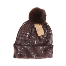 Load image into Gallery viewer, Allover Clear Sequin Faux Fur Pom C.C Beanie

