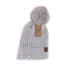Load image into Gallery viewer, Pearl Embellished Faux Fur Pom C.C Beanie
